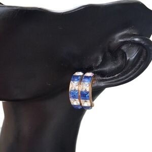 Vintage Royal Blue & Crystal Rhinestone Half Hoop Stud Earrings